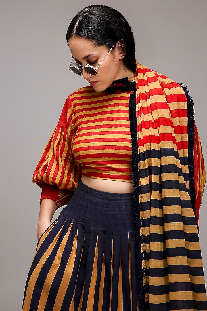 Tan Brown Handwoven Cotton Stripe Printed Skirt Set by Mati at Pernia's Pop Up Shop