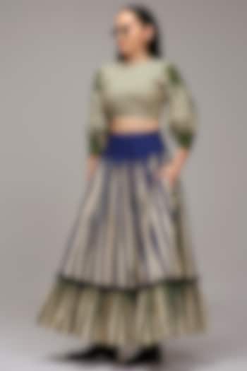 Off-White Handwoven Cotton Stripe Printed Skirt Set by Mati at Pernia's Pop Up Shop