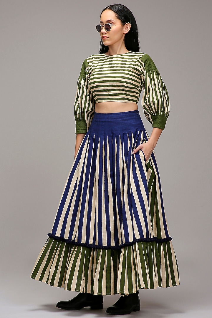Off-White Handwoven Cotton Stripe Printed Skirt Set by Mati at Pernia's Pop Up Shop