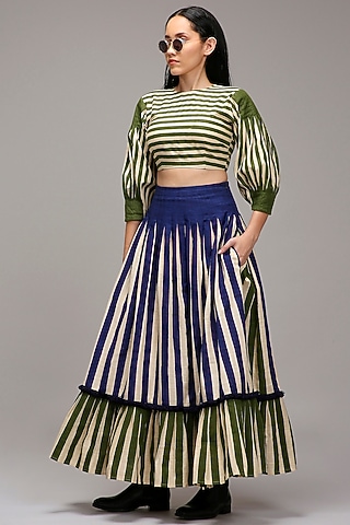 Off-White Handwoven Cotton Stripe Printed Skirt Set by Mati