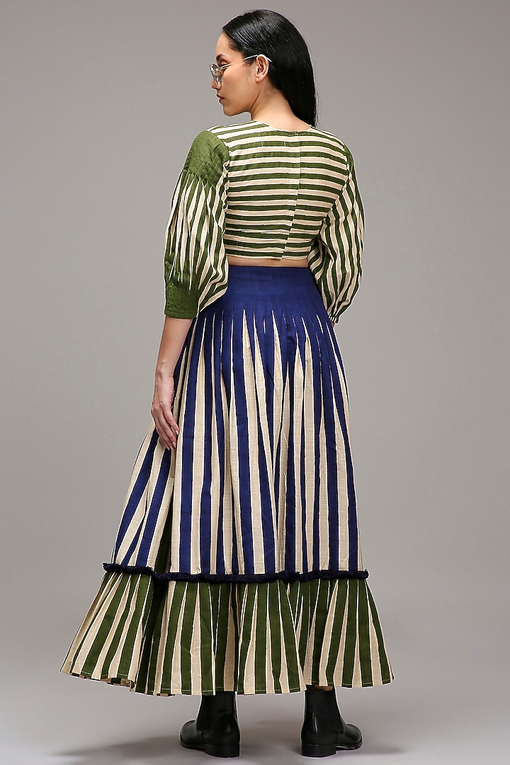 Off-White Handwoven Cotton Stripe Printed Skirt Set by Mati at Pernia's Pop Up Shop