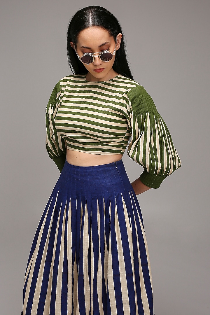 Off-White Handwoven Cotton Stripe Printed Skirt Set by Mati at Pernia's Pop Up Shop