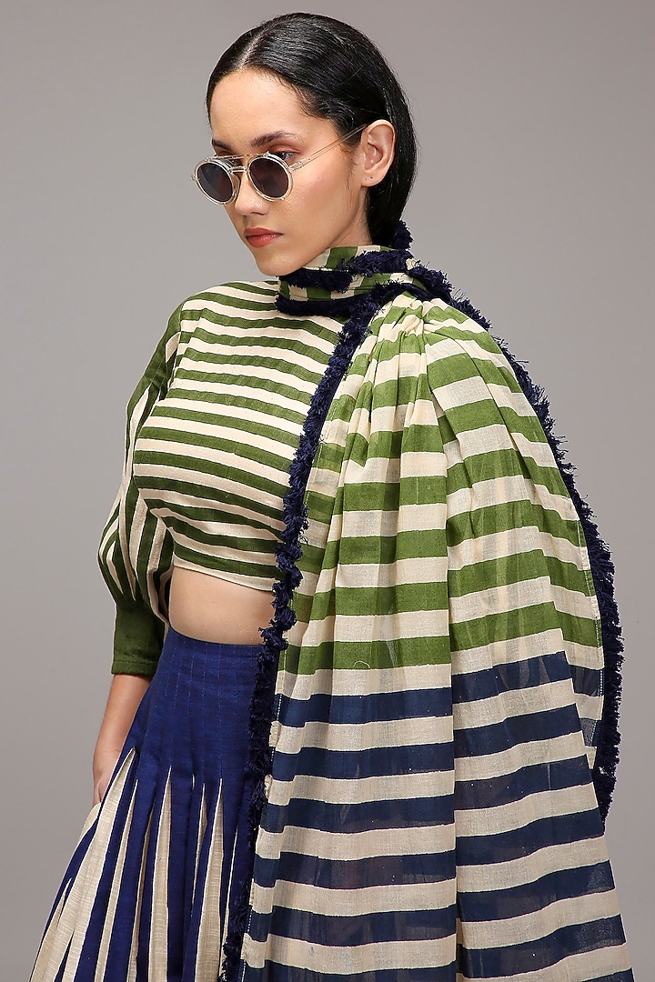 Off-White Handwoven Cotton Stripe Printed Skirt Set by Mati at Pernia's Pop Up Shop