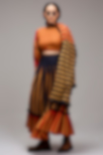 Tan Brown Handwoven Cotton Stripe Printed Skirt Set by Mati at Pernia's Pop Up Shop
