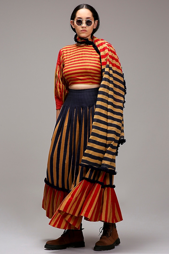 Tan Brown Handwoven Cotton Stripe Printed Skirt Set by Mati at Pernia's Pop Up Shop