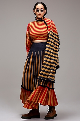 Tan Brown Handwoven Cotton Stripe Printed Skirt Set by Mati