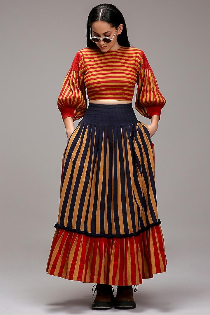 Tan Brown Handwoven Cotton Stripe Printed Skirt Set by Mati at Pernia's Pop Up Shop