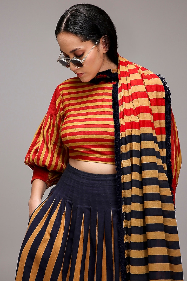 Tan Brown Handwoven Cotton Stripe Printed Skirt Set by Mati at Pernia's Pop Up Shop