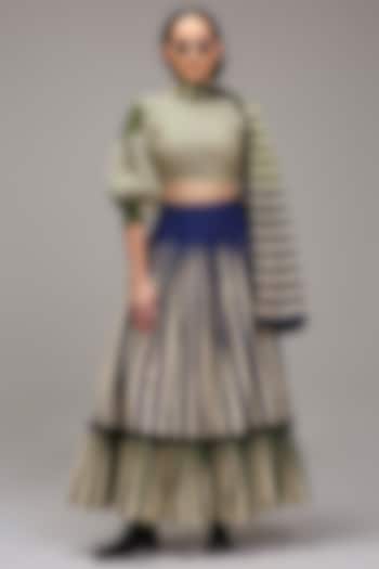 Off-White Handwoven Cotton Stripe Printed Skirt Set by Mati at Pernia's Pop Up Shop