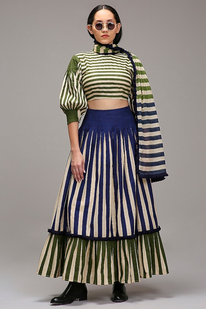 Off-White Handwoven Cotton Stripe Printed Skirt Set by Mati at Pernia's Pop Up Shop