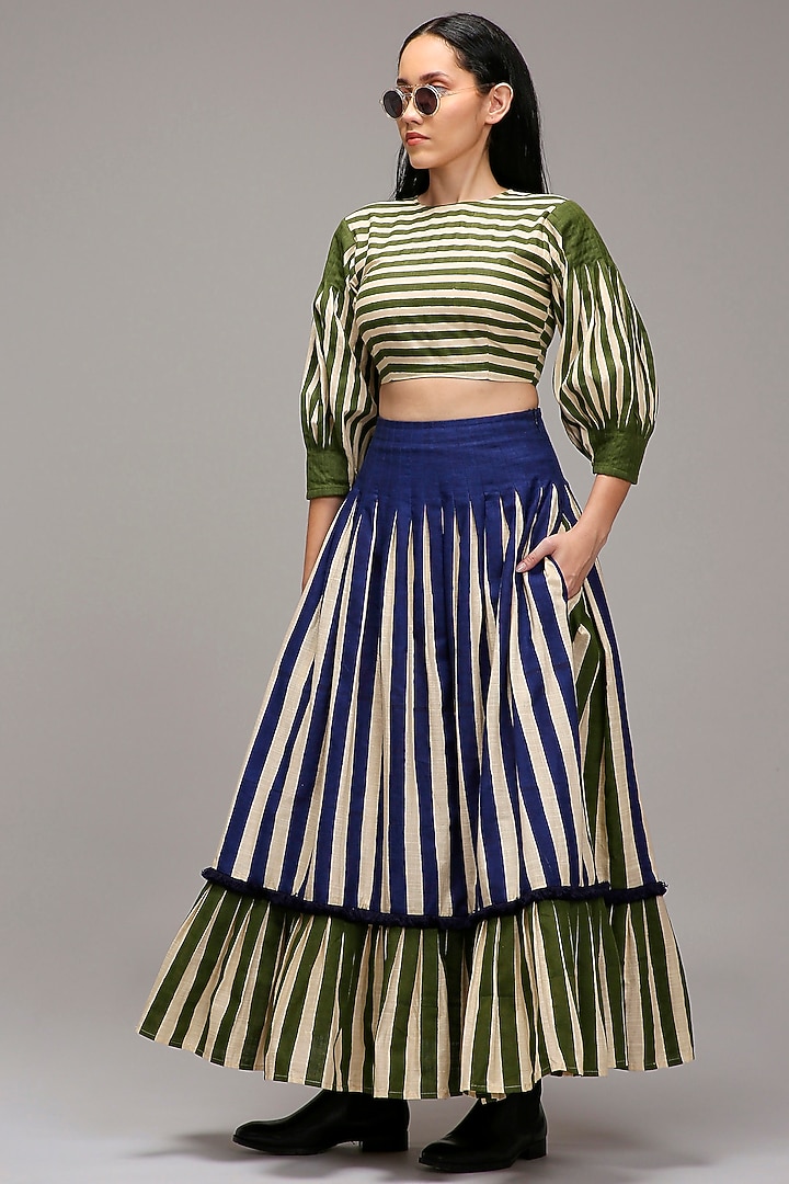 Off-White Handwoven Cotton Stripe Printed Skirt Set by Mati at Pernia's Pop Up Shop