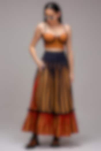 Tan Brown Handwoven Cotton Stripe Printed Skirt Set by Mati at Pernia's Pop Up Shop