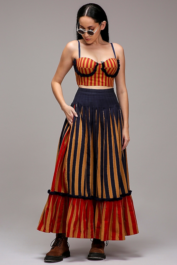 Tan Brown Handwoven Cotton Stripe Printed Skirt Set by Mati at Pernia's Pop Up Shop