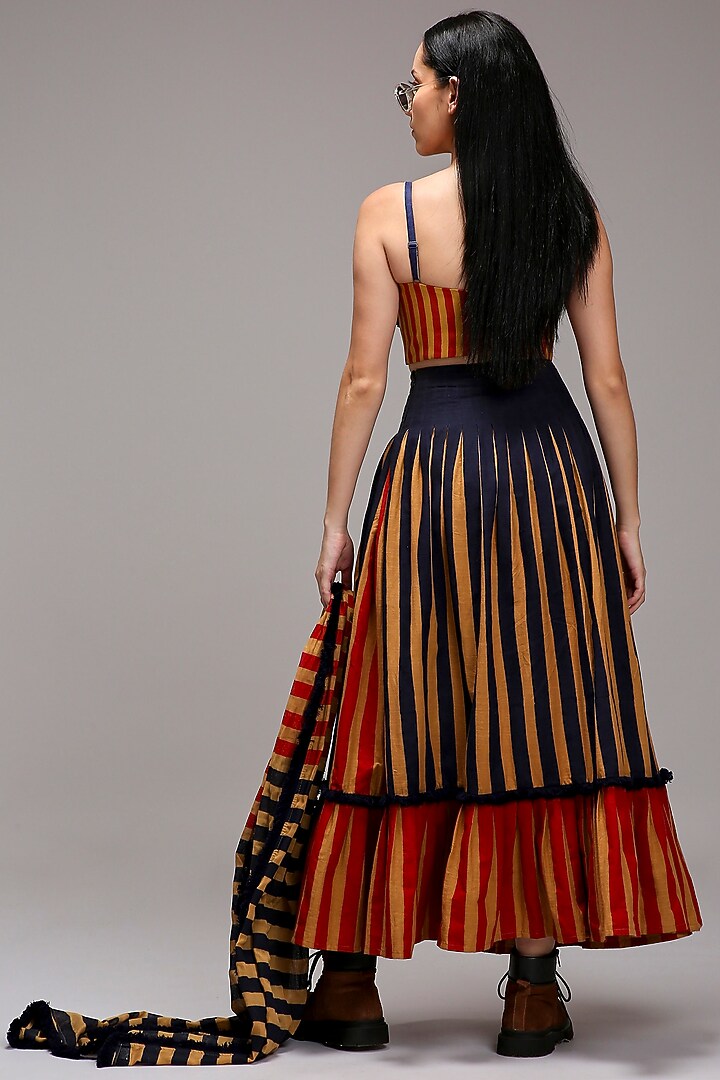 Tan Brown Handwoven Cotton Stripe Printed Skirt Set by Mati at Pernia's Pop Up Shop
