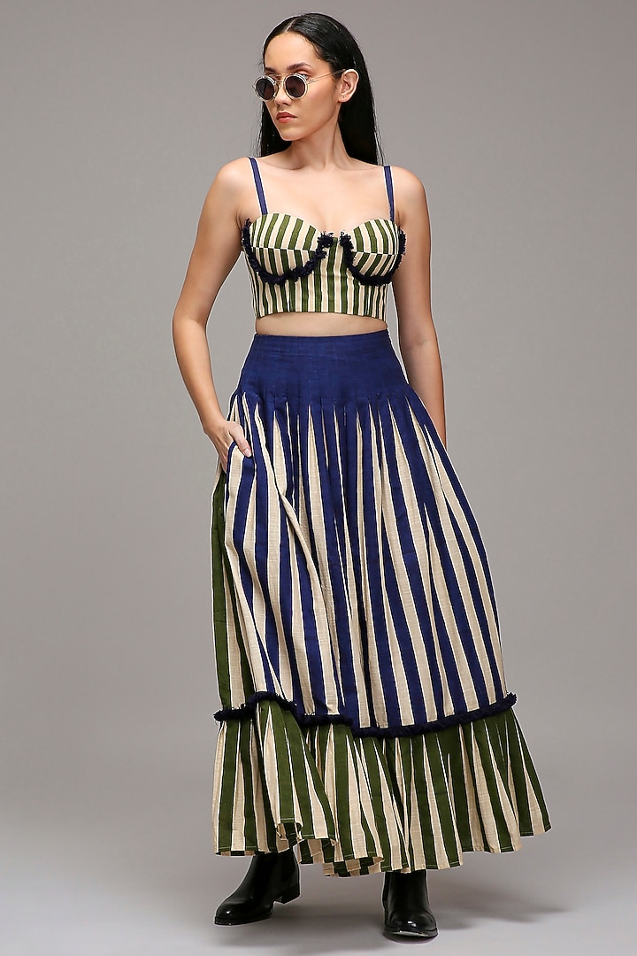 Off-White Handwoven Cotton Stripe Printed Skirt Set by Mati at Pernia's Pop Up Shop