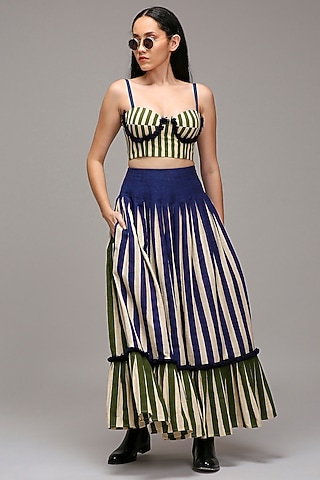 Off-White Handwoven Cotton Stripe Printed Skirt Set by Mati