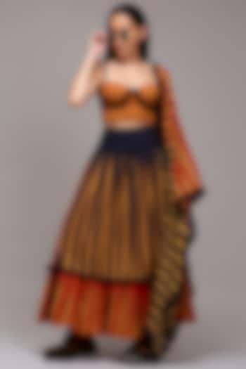 Tan Brown Handwoven Cotton Dual Stripe Printed Skirt Set by Mati at Pernia's Pop Up Shop