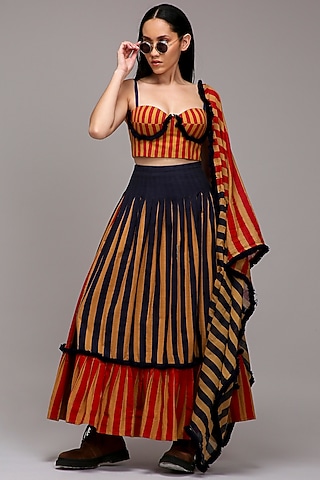 Tan Brown Handwoven Cotton Dual Stripe Printed Skirt Set by Mati