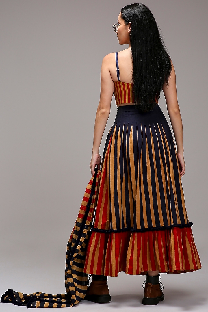 Tan Brown Handwoven Cotton Dual Stripe Printed Skirt Set by Mati at Pernia's Pop Up Shop
