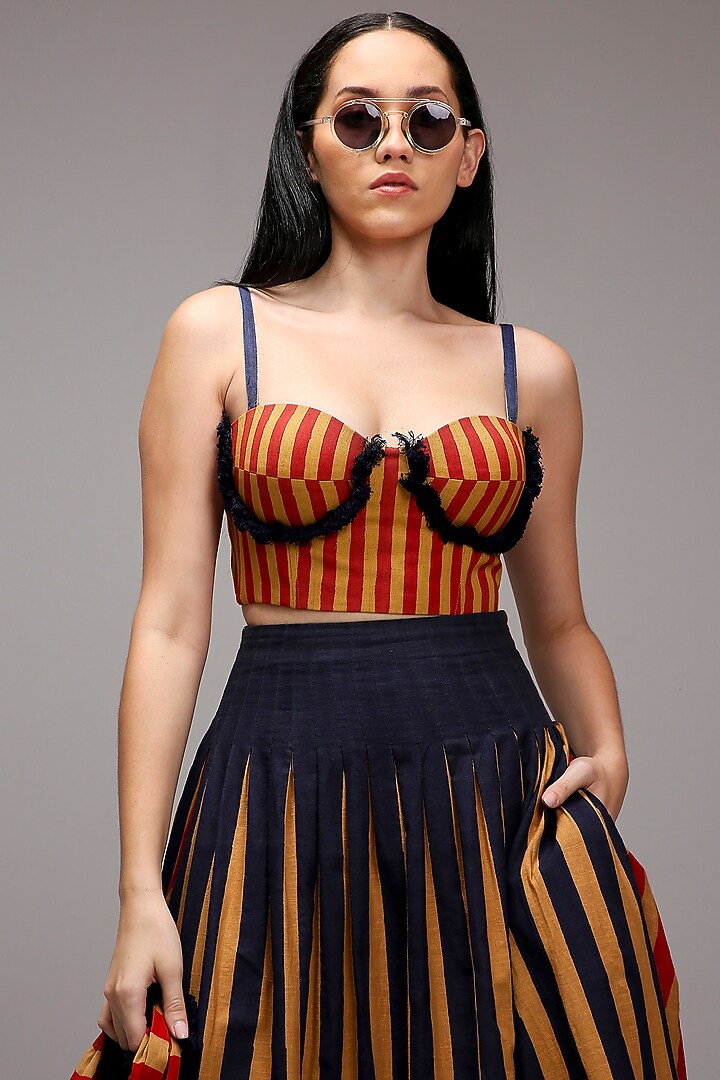 Tan Brown Handwoven Cotton Dual Stripe Printed Skirt Set by Mati at Pernia's Pop Up Shop