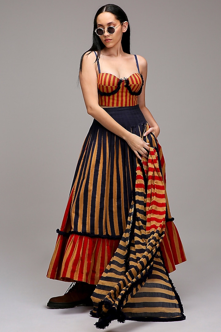 Tan Brown Handwoven Cotton Dual Stripe Printed Skirt Set by Mati at Pernia's Pop Up Shop