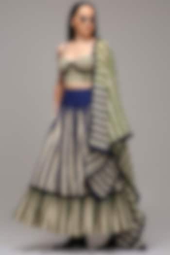 Off-White Handwoven Cotton Dual Stripe Printed Skirt Set by Mati at Pernia's Pop Up Shop