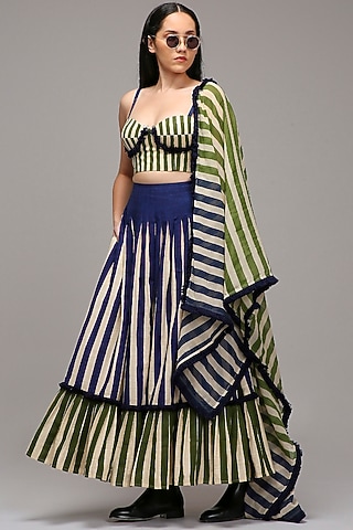 Off-White Handwoven Cotton Dual Stripe Printed Skirt Set by Mati
