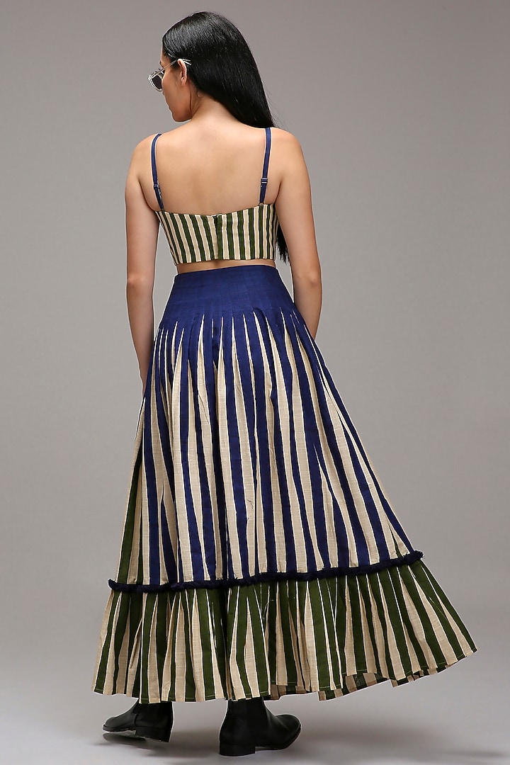 Off-White Handwoven Cotton Dual Stripe Printed Skirt Set by Mati at Pernia's Pop Up Shop