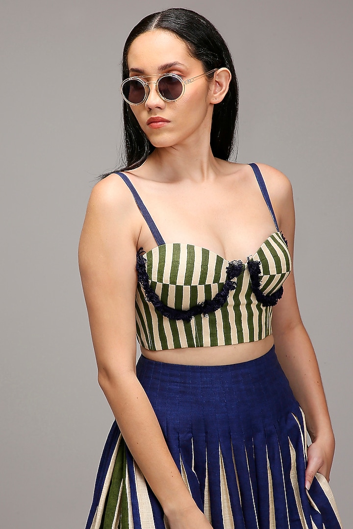 Off-White Handwoven Cotton Dual Stripe Printed Skirt Set by Mati at Pernia's Pop Up Shop