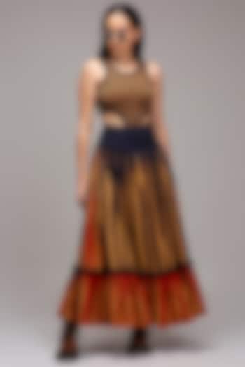 Tan Brown Handwoven Cotton Stripe Printed Skirt Set by Mati at Pernia's Pop Up Shop