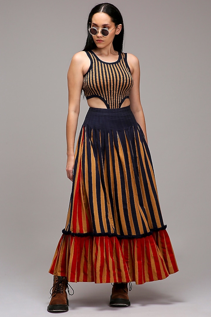 Tan Brown Handwoven Cotton Stripe Printed Skirt Set by Mati at Pernia's Pop Up Shop