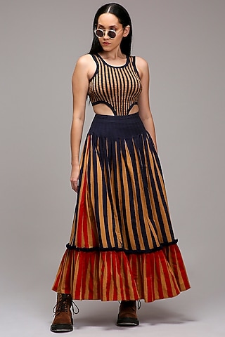 Tan Brown Handwoven Cotton Stripe Printed Skirt Set by Mati