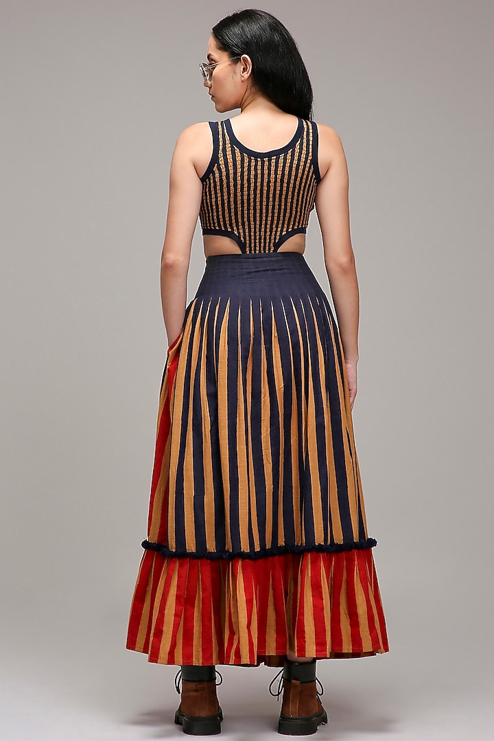Tan Brown Handwoven Cotton Stripe Printed Skirt Set by Mati at Pernia's Pop Up Shop