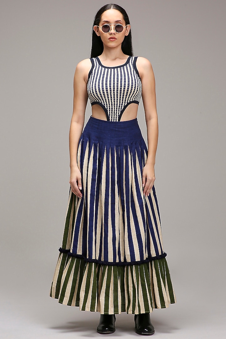Off-White Handwoven Cotton Stripe Printed Skirt Set by Mati at Pernia's Pop Up Shop