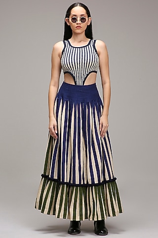 Off-White Handwoven Cotton Stripe Printed Skirt Set by Mati