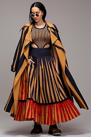 Tan Brown Handwoven Cotton Stripe Printed Skirt Set by Mati