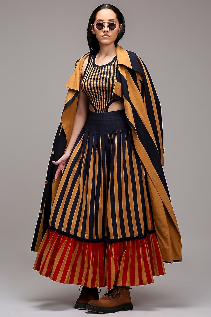 Tan Brown Handwoven Cotton Stripe Printed Skirt Set by Mati at Pernia's Pop Up Shop