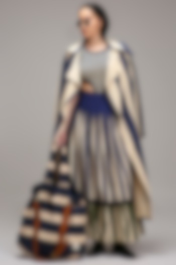 Off-White Handwoven Cotton Stripe Printed Skirt Set by Mati at Pernia's Pop Up Shop