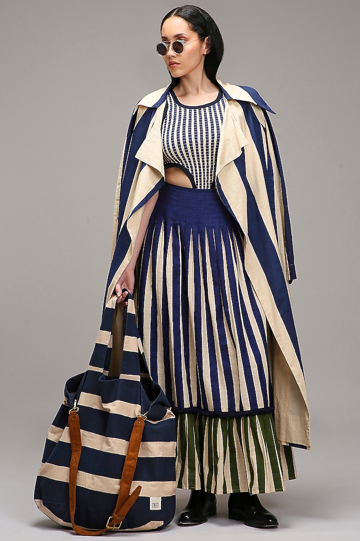 Off-White Handwoven Cotton Stripe Printed Skirt Set by Mati at Pernia's Pop Up Shop