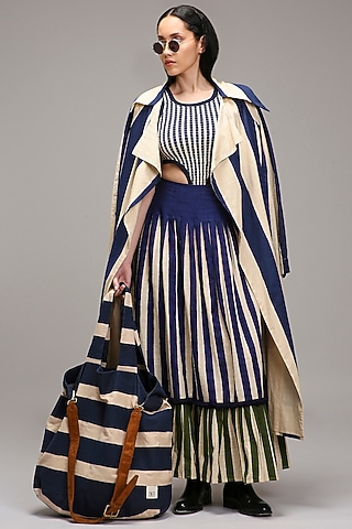 Off-White Handwoven Cotton Stripe Printed Skirt Set by Mati