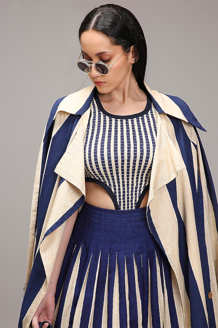 Off-White Handwoven Cotton Stripe Printed Skirt Set by Mati at Pernia's Pop Up Shop