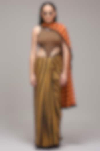 Tan Brown Mul Cotton Hand Block Stripe Printed Party Wear Saree Set by Mati at Pernia's Pop Up Shop