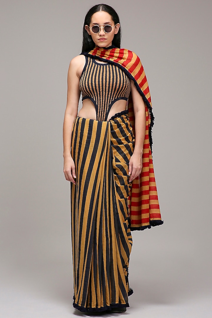 Tan Brown Mul Cotton Hand Block Stripe Printed Party Wear Saree Set by Mati at Pernia's Pop Up Shop
