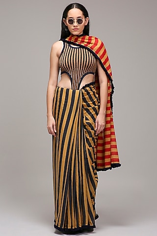 Tan Brown Mul Cotton Hand Block Stripe Printed Saree Set by Mati