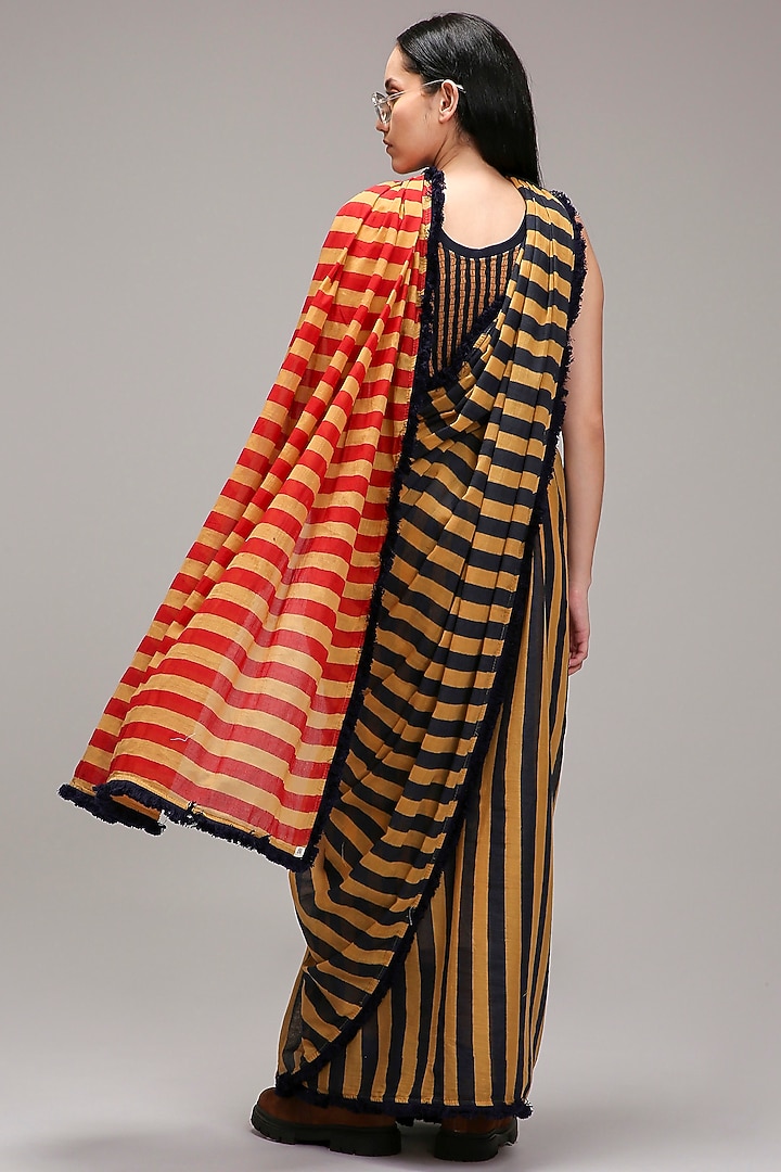 Tan Brown Mul Cotton Hand Block Stripe Printed Party Wear Saree Set by Mati at Pernia's Pop Up Shop