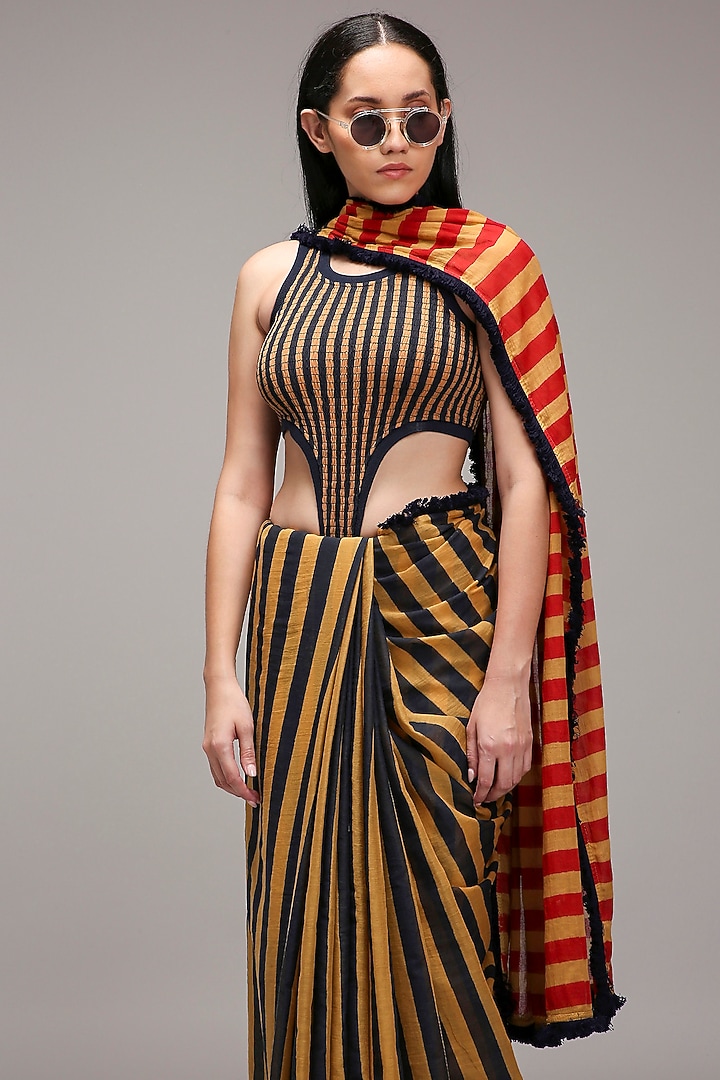 Tan Brown Mul Cotton Hand Block Stripe Printed Party Wear Saree Set by Mati at Pernia's Pop Up Shop