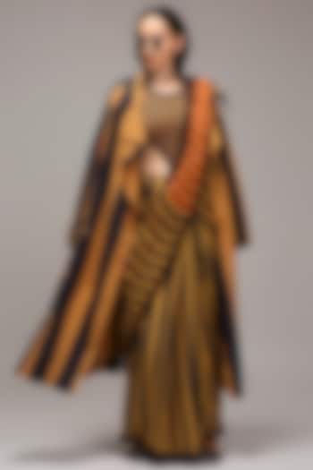 Tan Brown Mul Cotton Hand Block Stripe Printed Jacket Wedding Saree Set by Mati at Pernia's Pop Up Shop
