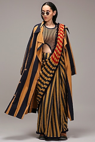 Tan Brown Mul Cotton Hand Block Stripe Printed Jacket Saree Set by Mati