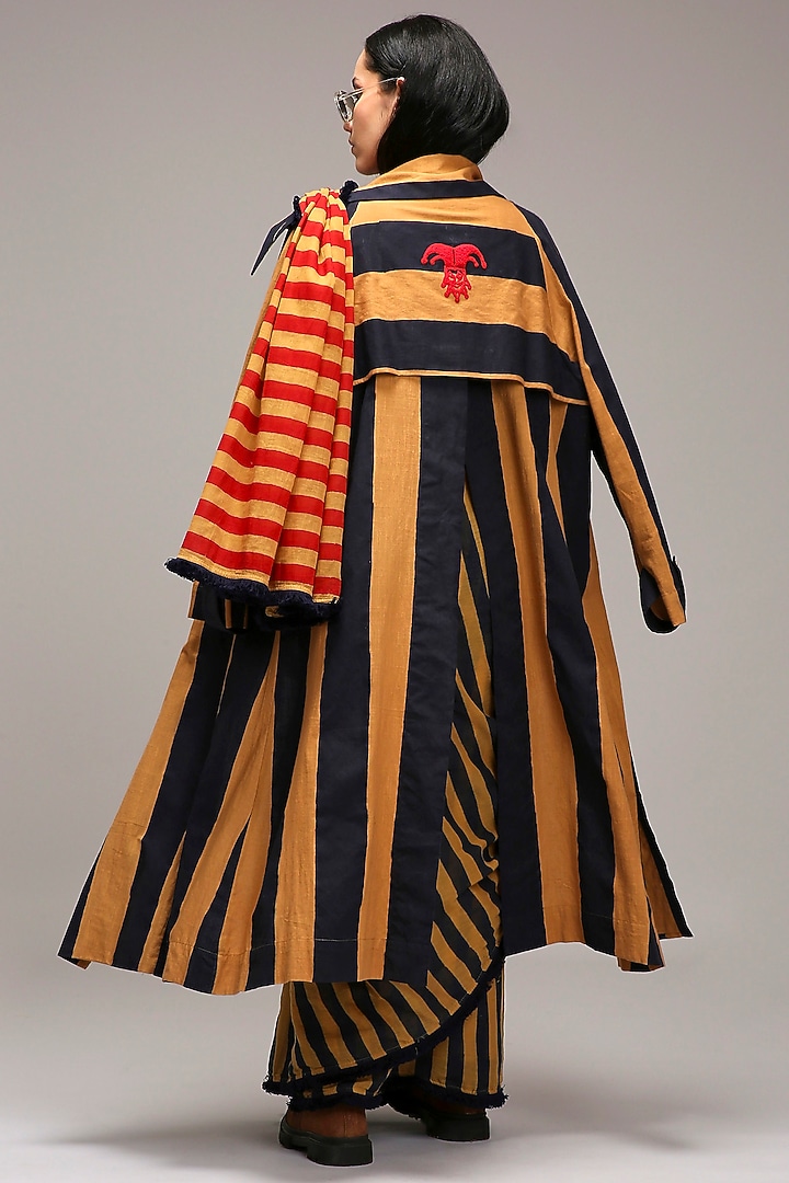 Tan Brown Mul Cotton Hand Block Stripe Printed Jacket Wedding Saree Set by Mati at Pernia's Pop Up Shop