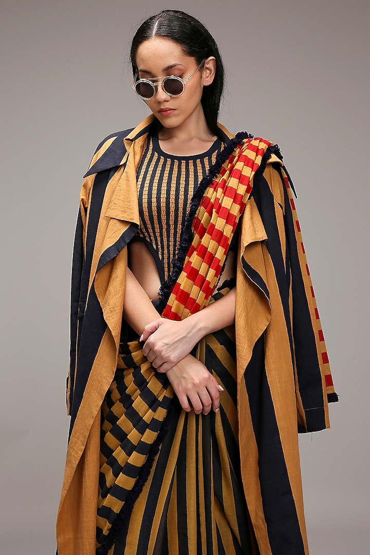 Tan Brown Mul Cotton Hand Block Stripe Printed Jacket Wedding Saree Set by Mati at Pernia's Pop Up Shop